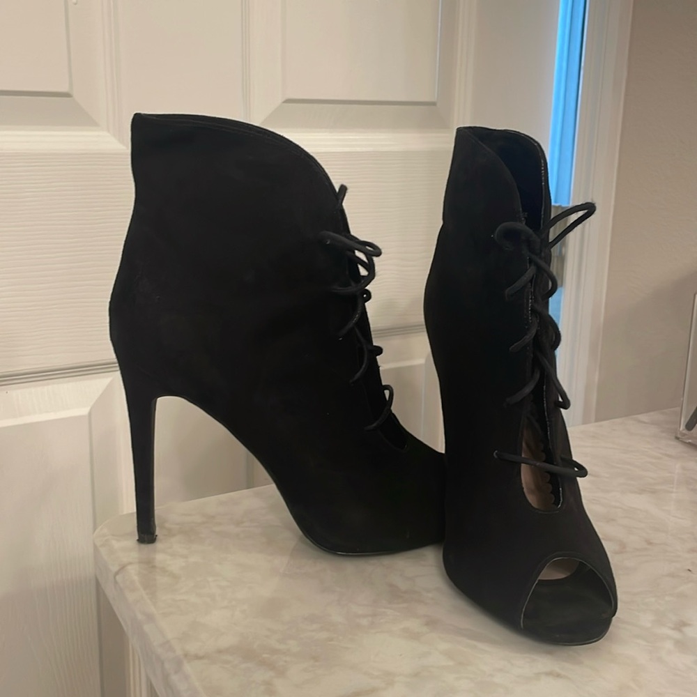Black lace up open toe booties from Shoedazzle